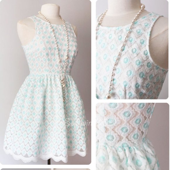 Ivory Blue Floral Embroidery Scallop Skater Dress - Picture 7 of 10